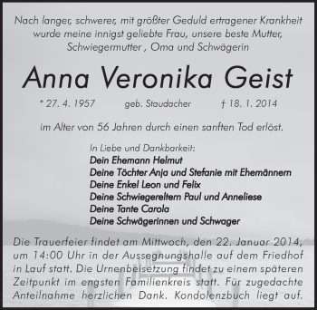 Traueranzeige von Anna Veronika Geist von Pegnitz-Zeitung